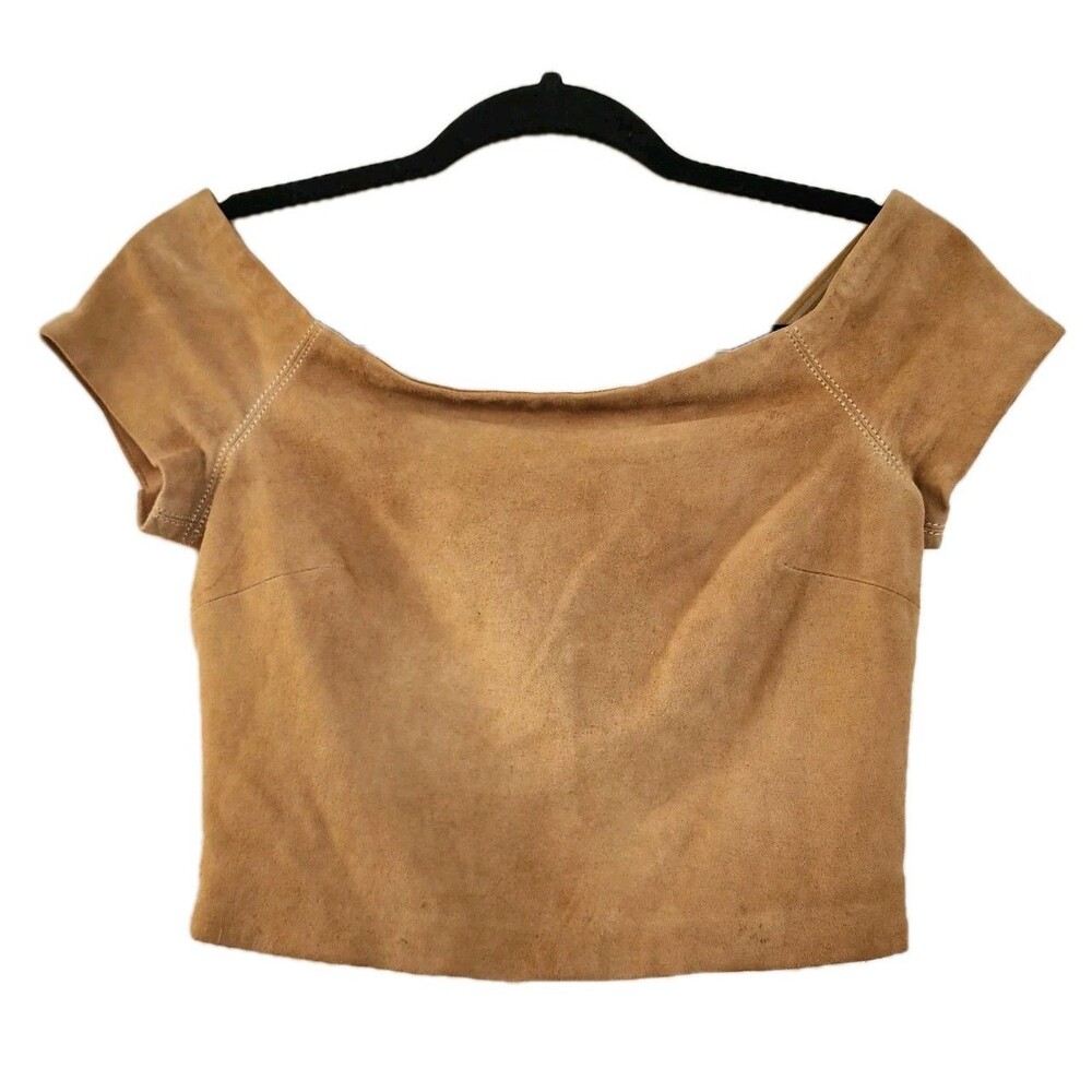 Alice + Olivia Gracelyn Suede Off Shoulder Crop Top Tan Size 4 $495 Lamb Leather - Picture 5 of 12